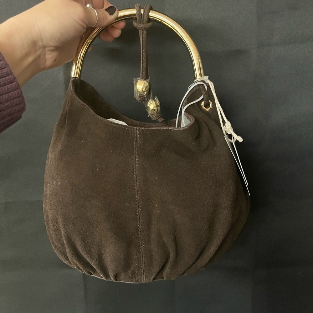 NWT Haute Hippie Dark Brown Suede Shoulder Bag with Gold Handle - Picture 7 of 13